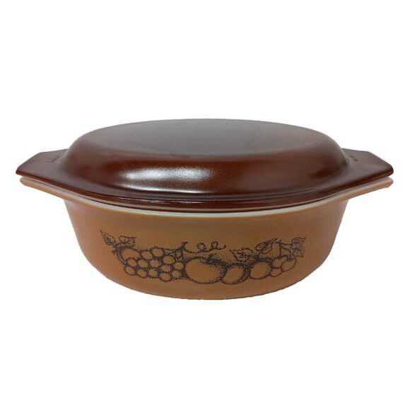 Vintage 1970s Pyrex Old Orchard Brown Oval Casserole Dish With Lid 1 1/2 Qt - Picture 1 of 11